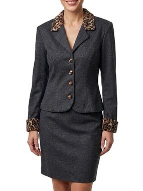 NWOT Gray Leopard Trim Skirt Suit Set